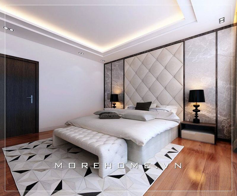 Thiết kế giường ngủ chung cư phong cách hiện đại, tinh tế, vách đầu giường ốp nỉ cùng màu tạo nên sự thanh thoát và mềm mại hơn